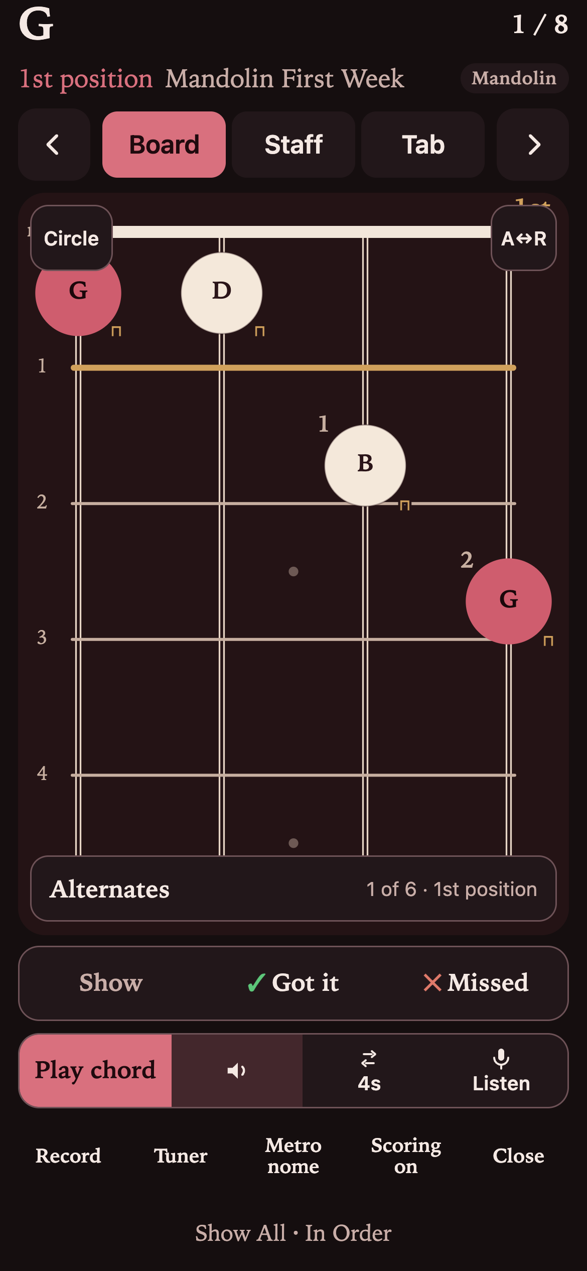 Mandolin G major chord on the Board view in the Rosewood theme, dark, with G, D, B, and G dots on the four strings