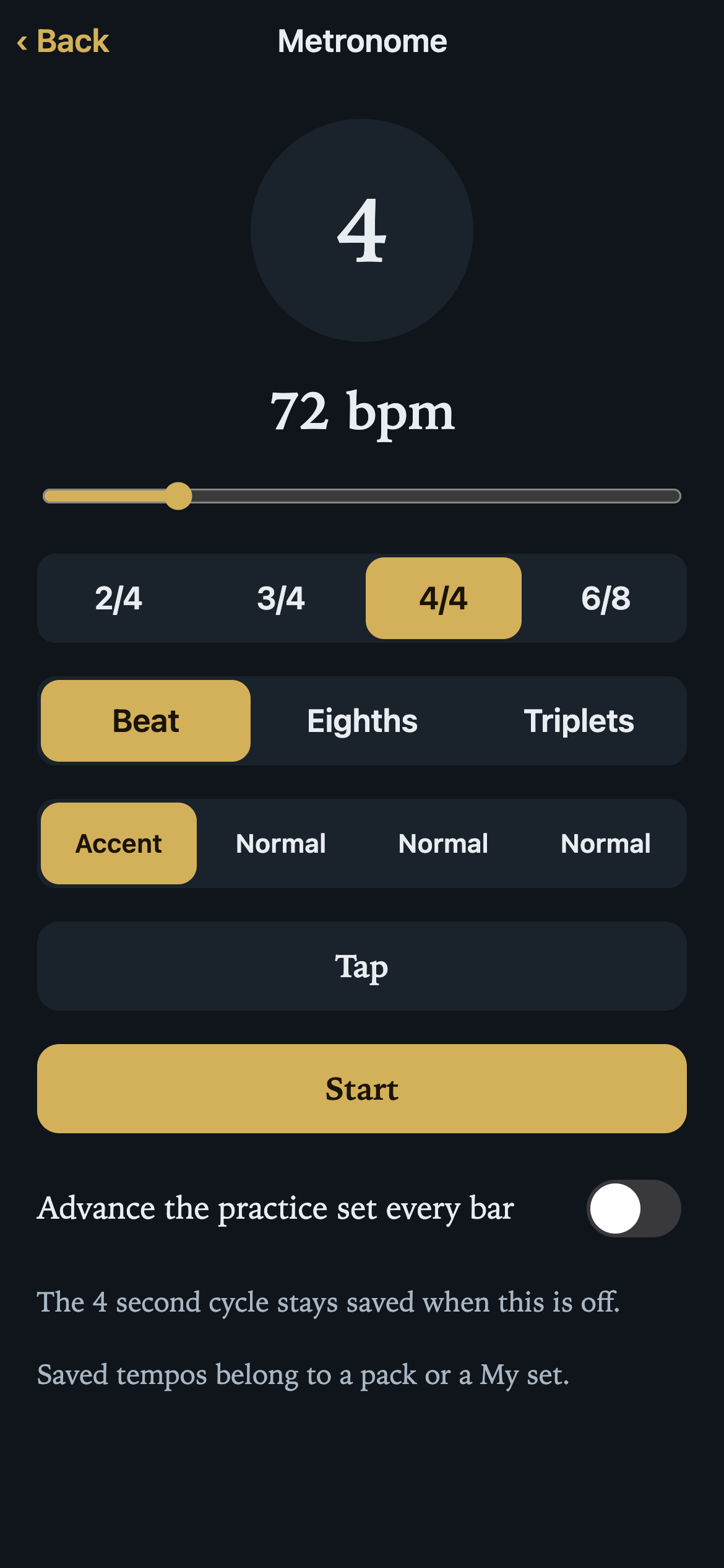 Metronome in the Slate & Brass theme, dark: 72 bpm in 4/4 with beat, accent, and tap tempo controls