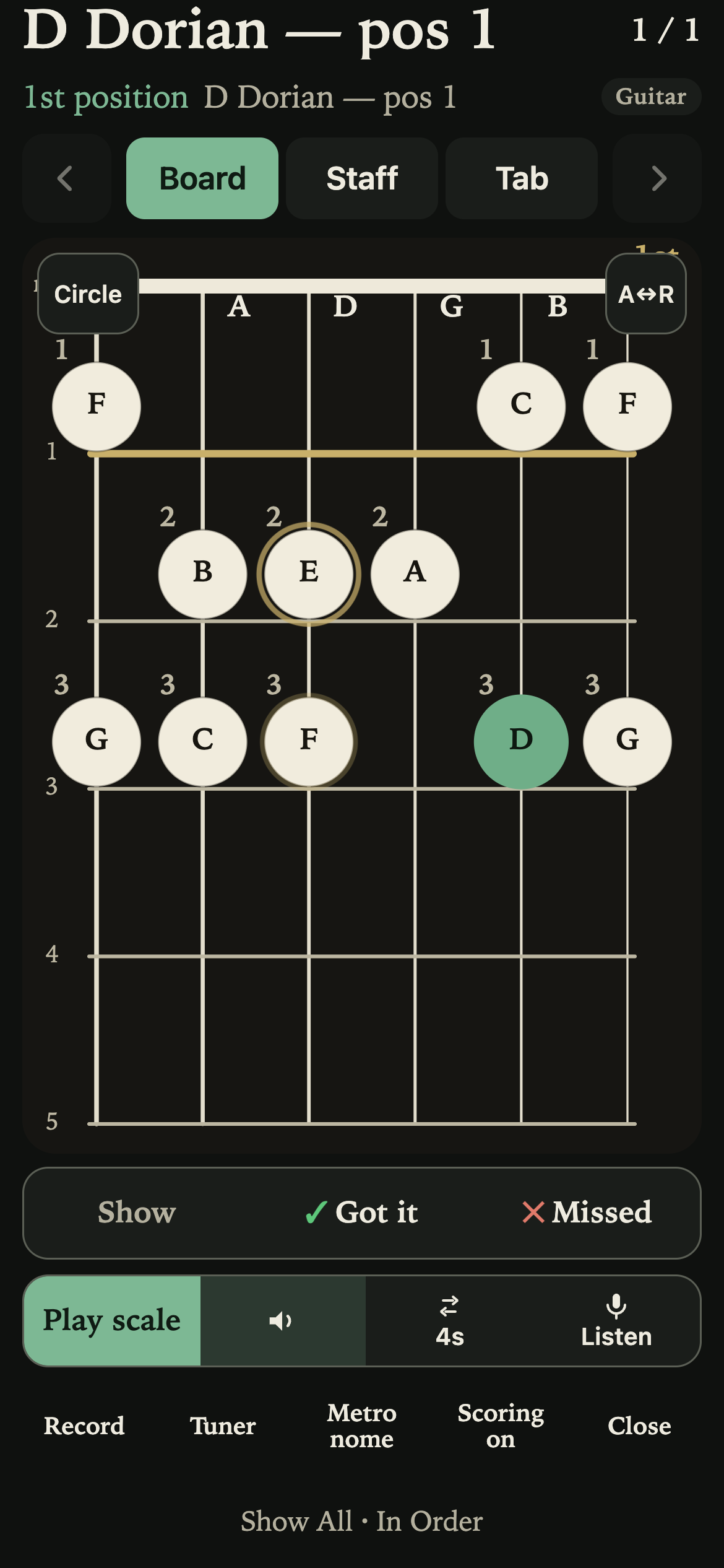D Dorian scale in first position on the fretboard in the Spruce & Ebony theme, dark, with the note being played glowing above the segmented practice bar